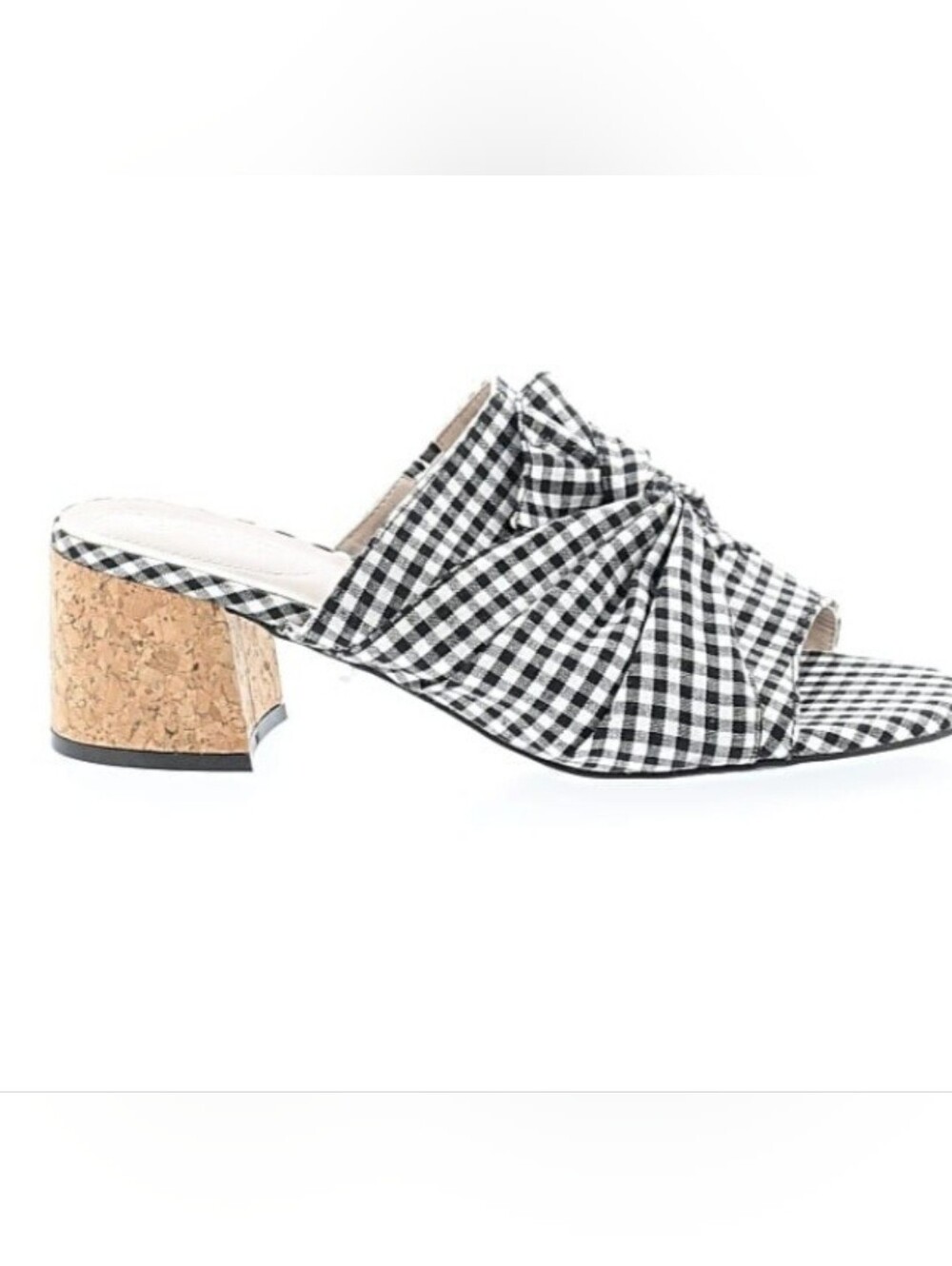 Ladies Black & White Gingham Knot Mule Sandals with Cork Block Heel, Size 10M